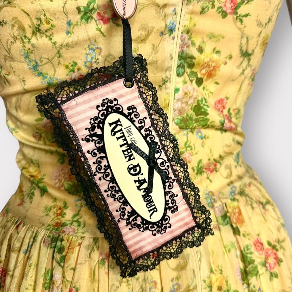 Kitten D’Amour Cottage Core, Fairy, Yellow Floral, Pink Lace Bow Dress - Picture 9 of 10